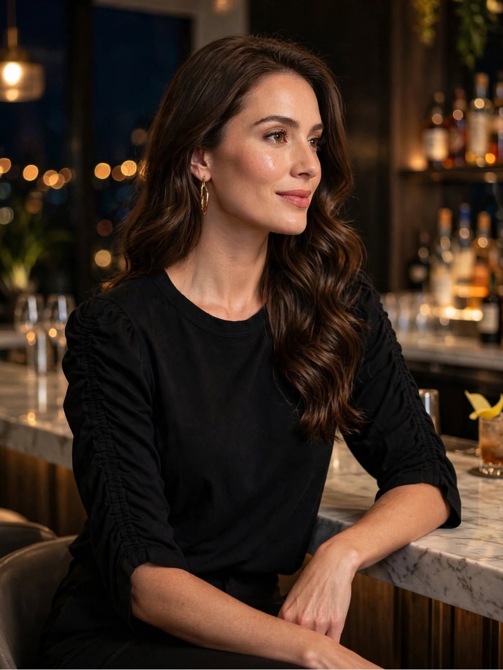 Veronica Beard Black Short-Sleeve Top with Ruched Sleeves